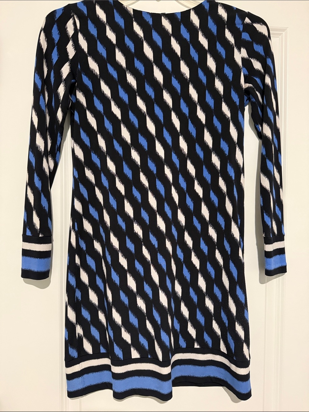 Michael Kors Black, White & Blue Diagonal Stripe Long Sleeve Dress